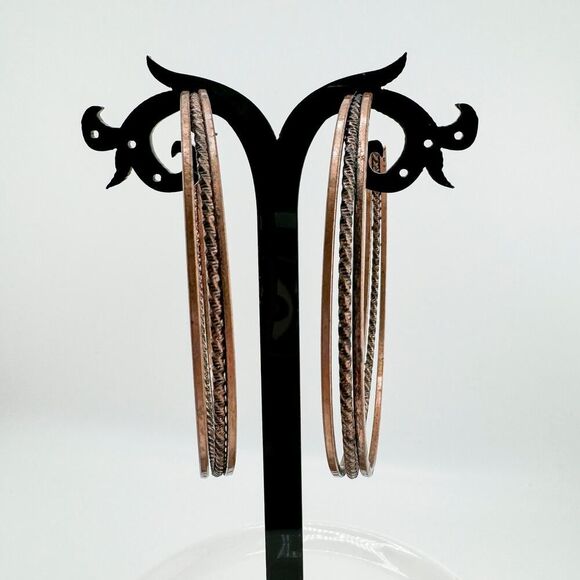 Vintage Large Copper Hoop Earrings Brutalist Statement Filigree Southwestern - Picture 4 of 10